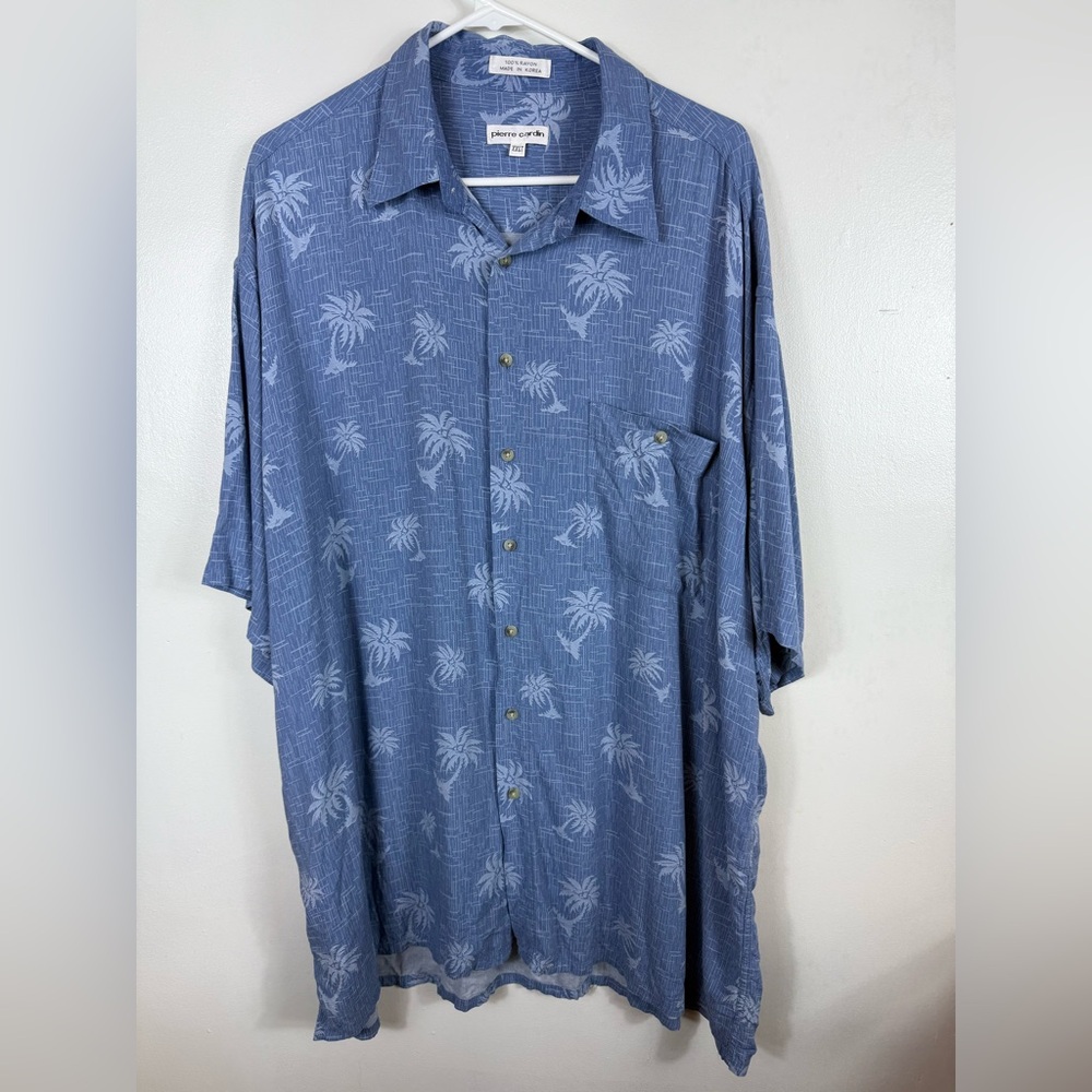 Pierre Cardin Button Up Shirt Mens XXLT Palm Trees Blue Summer Beach